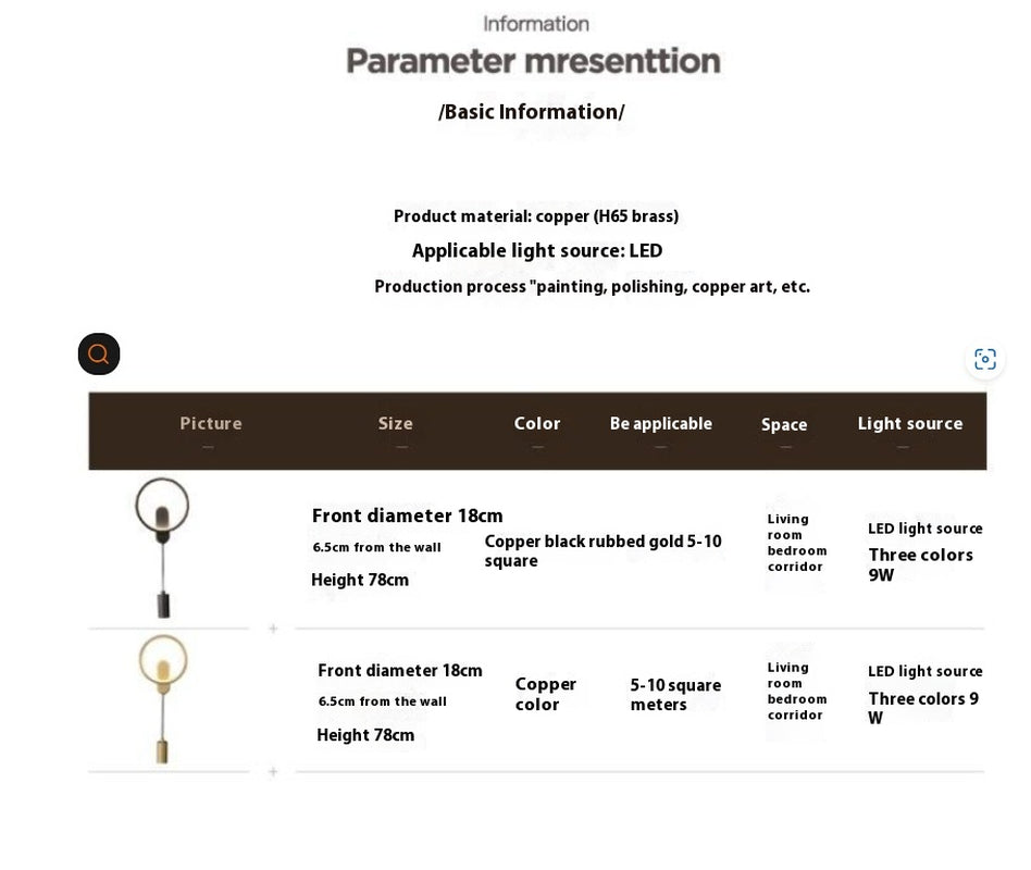 Copper Wall Lamp Light Luxury Bedroom Bedside Lamp