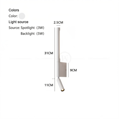 Nordic Minimalist LED Bedside Wall Lamp | Modern Scandinavian Bedroom Reading Light with Adjustable Spotlight & Backlight Sconce
