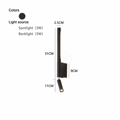 Nordic Minimalist LED Bedside Wall Lamp | Modern Scandinavian Bedroom Reading Light with Adjustable Spotlight & Backlight Sconce