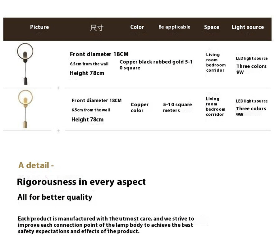 Copper Wall Lamp Light Luxury Bedroom Bedside Lamp